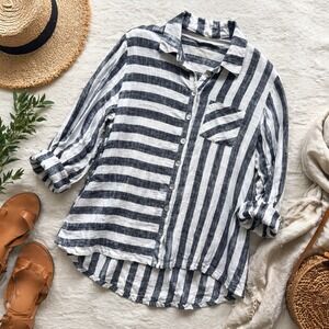 Soft Surroundings Camina Linen Blend Striped Button Tunic Shirt Back Zip Large